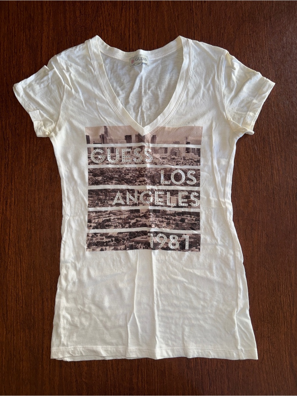 GUESS White V-Neck Los Angeles Graphic Tee